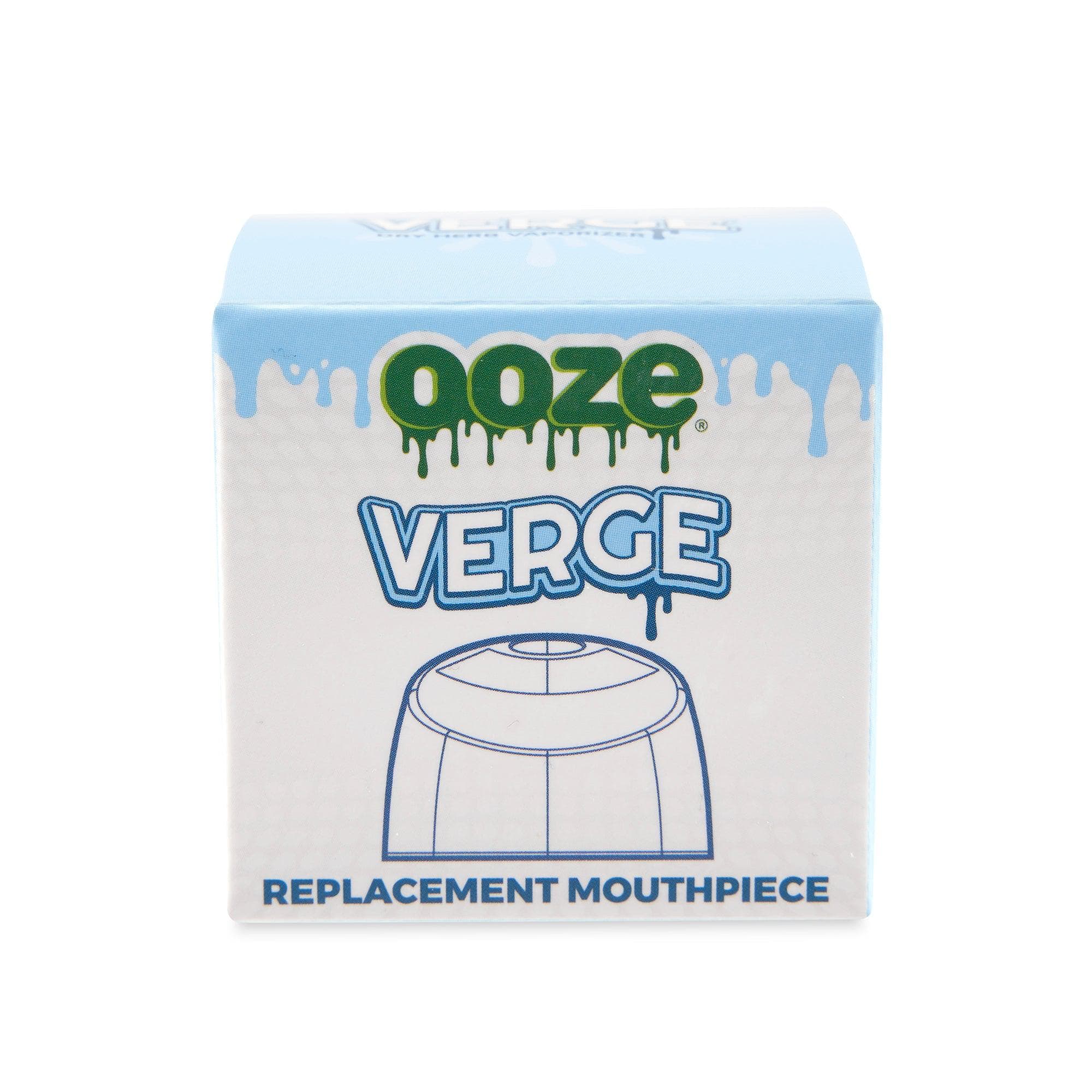 Close-up view of the Verge Replacement Magnetic Mouthpiece, featuring a white, rounded top against a blurred blue background.