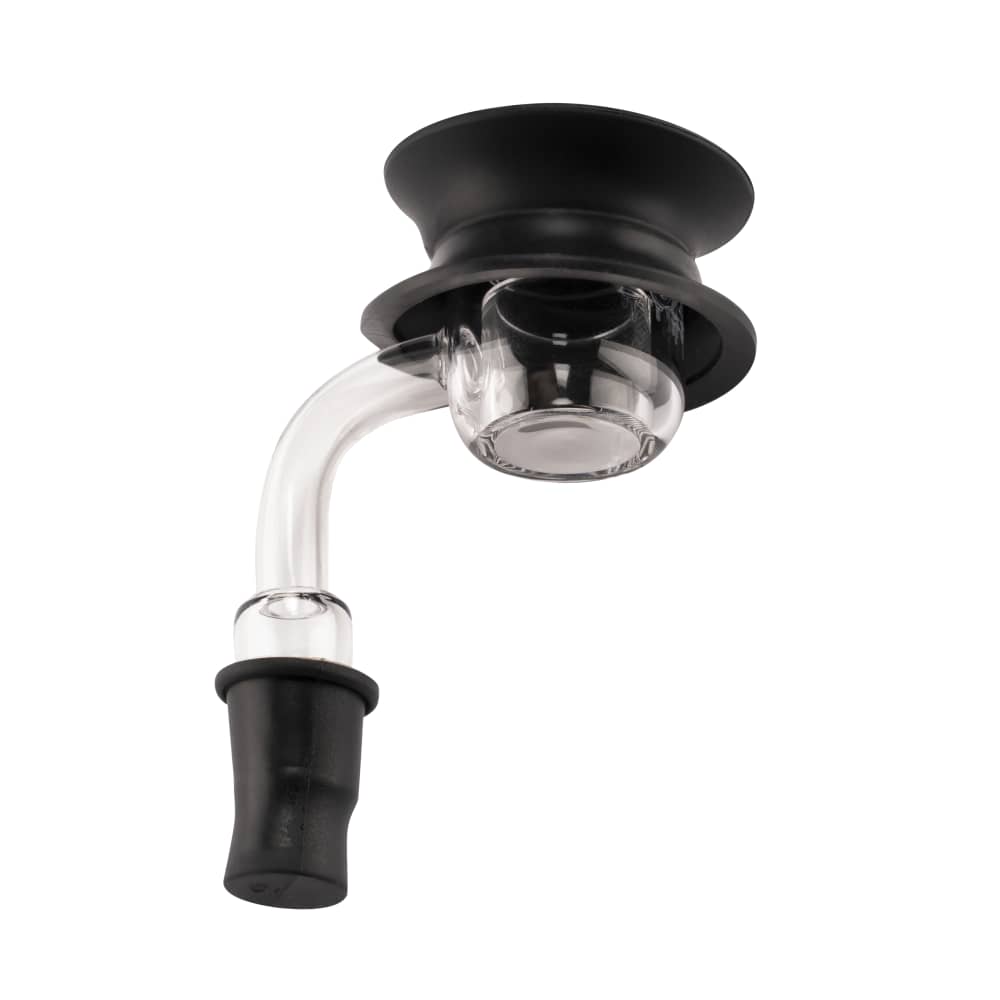 Angled close-up of the black and clear Ooze Resolution Caps showing the curved glass stem, rubberized top hub, and bottom stopper against a white background