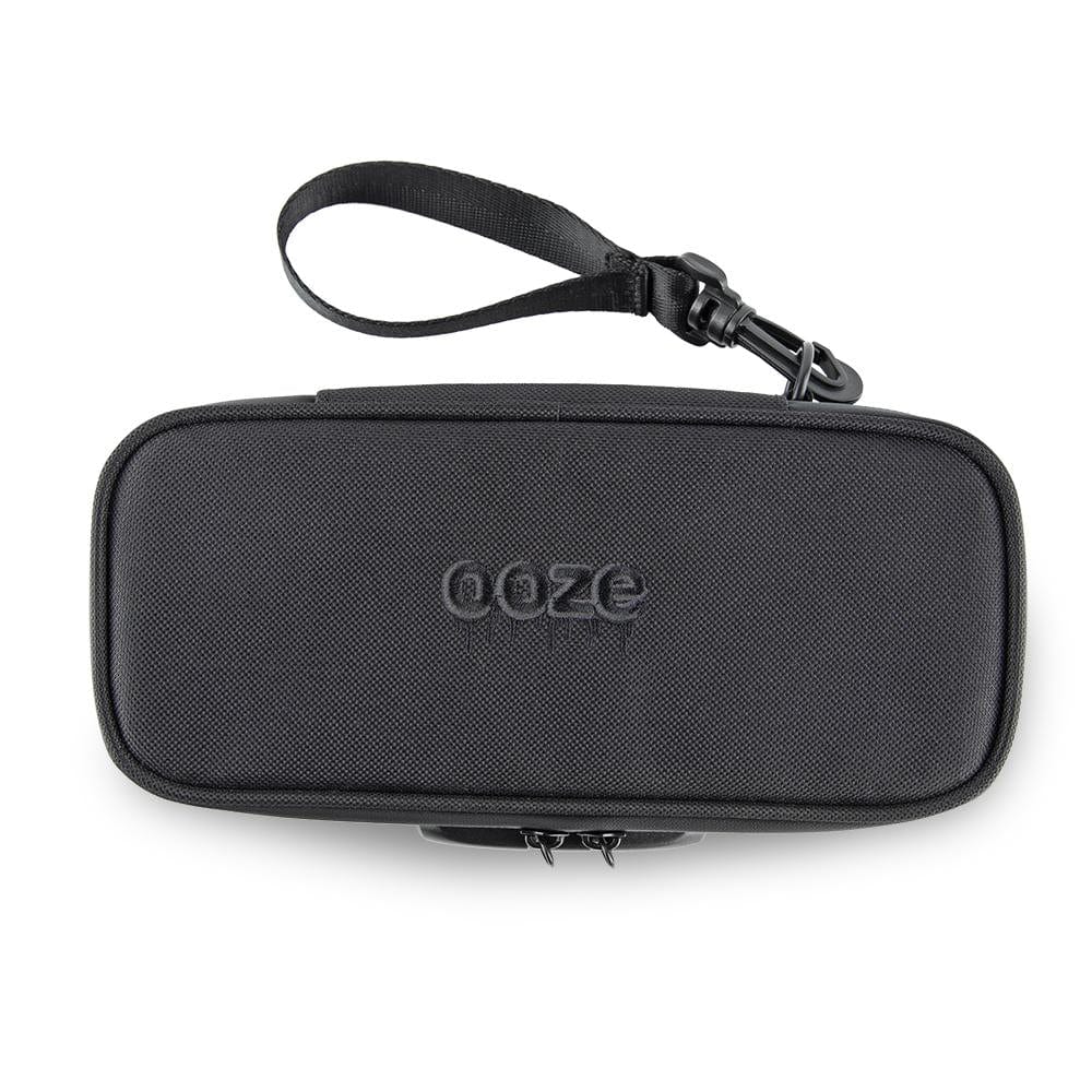Close-up of the black Ooze Smell Proof Travel Pouch with a carrying handle against a plain white background.