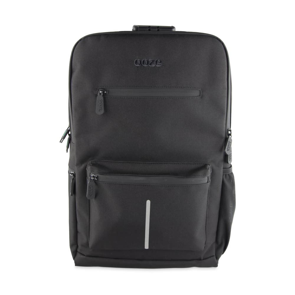 Front view of the Ooze Traveler Smell Proof Backpack, a black bag with multiple zippered pockets and a sleek, modern design.