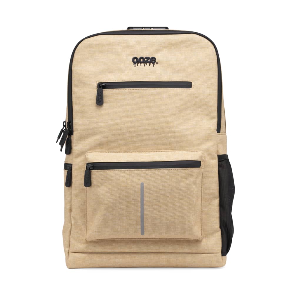 Front view of the Ooze Traveler Smell Proof Backpack, a dark gray backpack with multiple zipper compartments and a textured fabric.