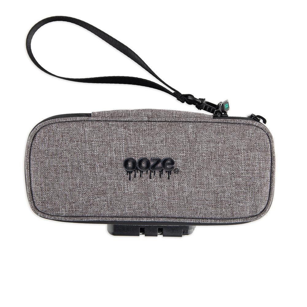 Front view of the Ooze Smell Proof Travel Pouch, a zippered, dark gray pouch with a carrying loop.