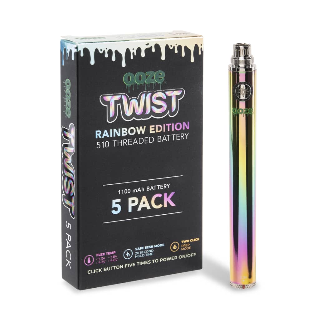 Front view of the 1100 Twist Battery - 5 Pack, featuring vibrant graphics and branding on a sleek, cylindrical package.