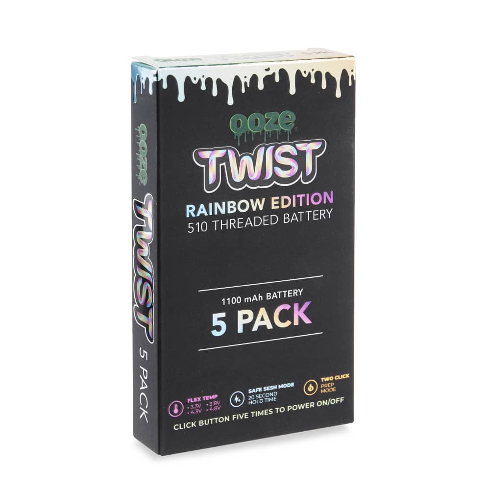 A close-up of the 1100 Twist Battery - 5 Pack packaging displaying a colorful, vertically oriented design.
