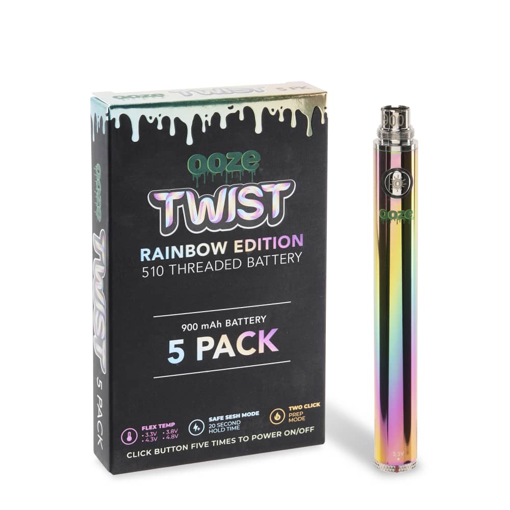Front view of the 900 Twist Battery - 5 Pack, showing the product's packaging with a colorful, patterned design and text labels.