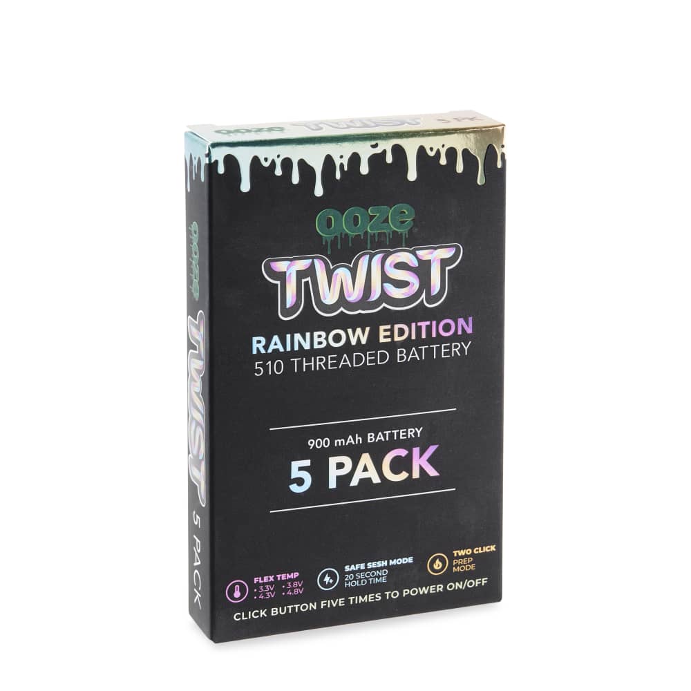 A front view of the 900 Twist Battery - 5 Pack, showcasing the colorful packaging with branding and text details.