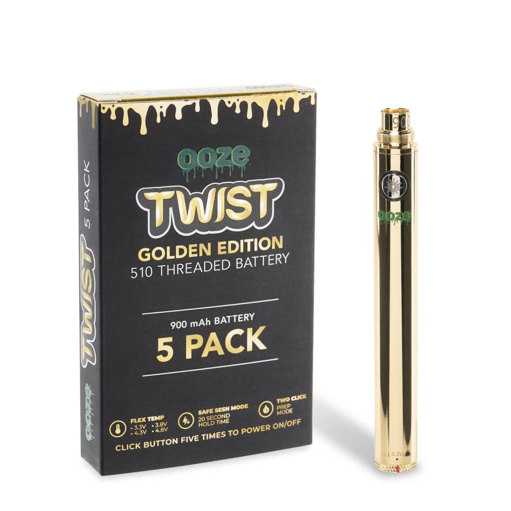 A close-up of the 900 Twist Battery - 5 Pack packaging with golden lettering and a white backdrop.