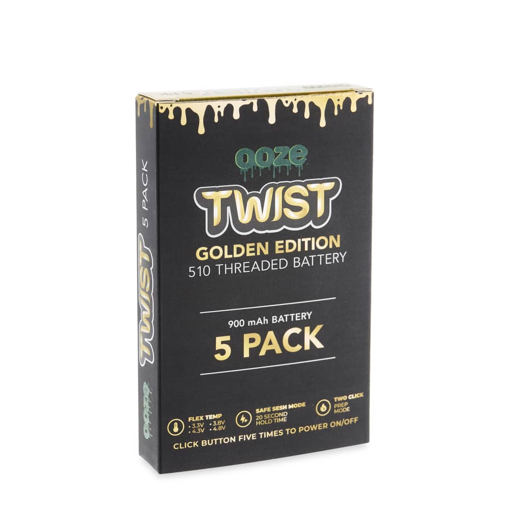 A close-up, angled view of the 900 Twist Battery - 5 Pack packaging with bold lettering and colorful design elements.