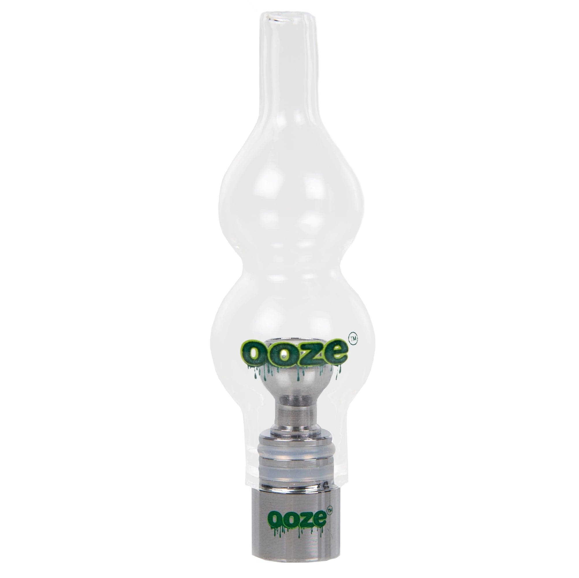 A close-up of the Ooze Hand-Blown Glass Globe with a clear, rounded shape and visible joint detail.