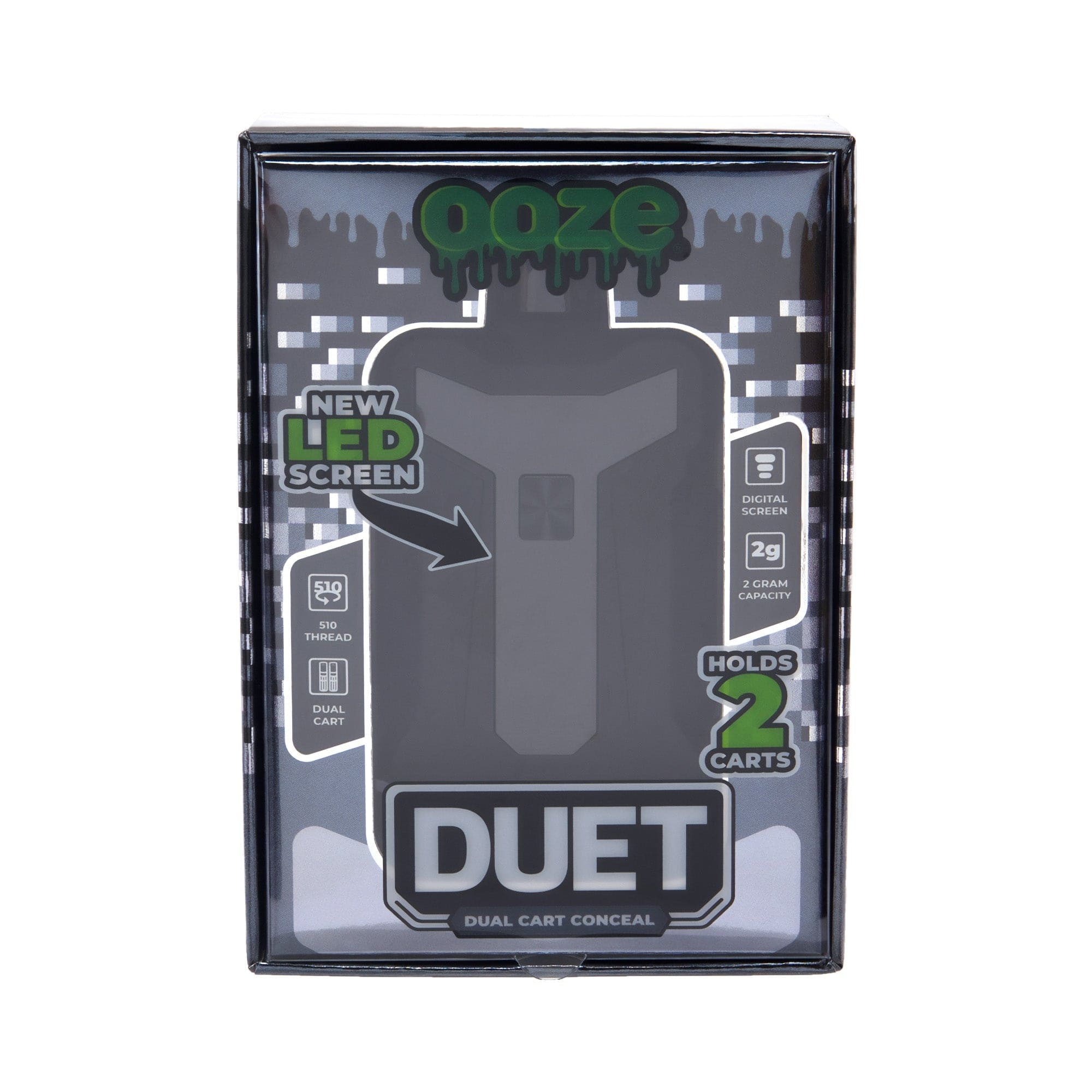 A front view of the Duet 650 mAh 510 Dual Conceal Cart Battery, displaying its sleek black design and digital screen.