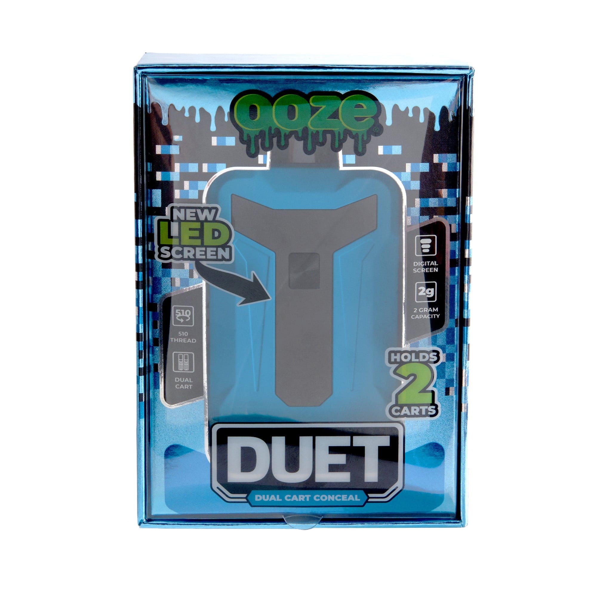 Front view of the Duet 650 mAh 510 Dual Conceal Cart Battery with a patterned blue background and visible digital display.