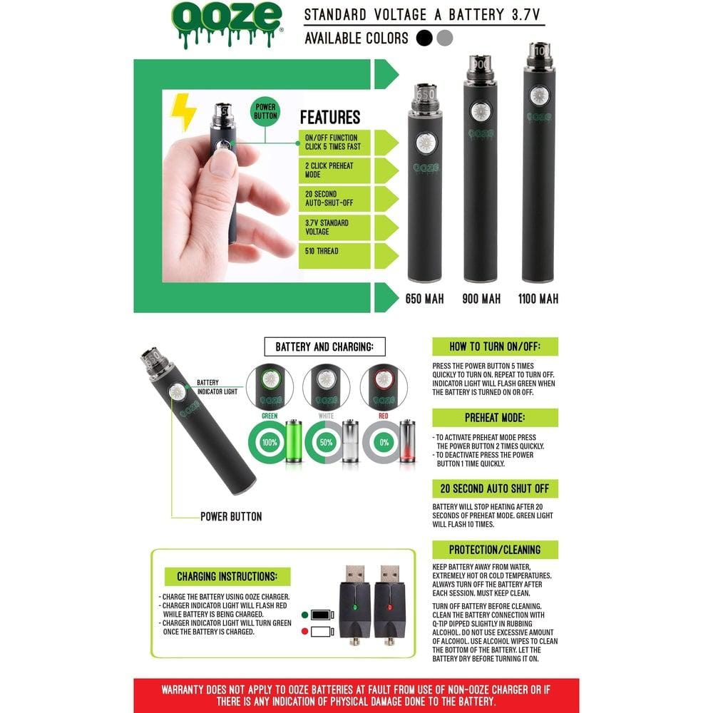 Close-up of the 1100 Battery Vape - 5 Pack with diagrams and icons illustrating how to turn on, showing a green light indicator.