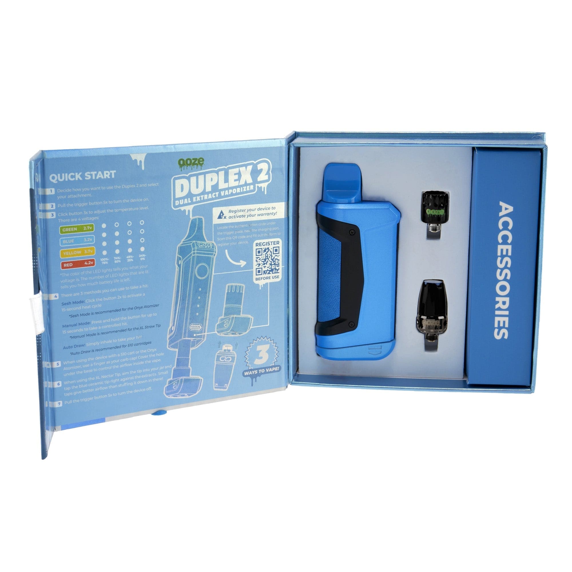 A slightly angled shot of the Duplex 2 Vaporizer 900 mAh C-Core against a blue backdrop, showcasing its packaging and quick start guide.