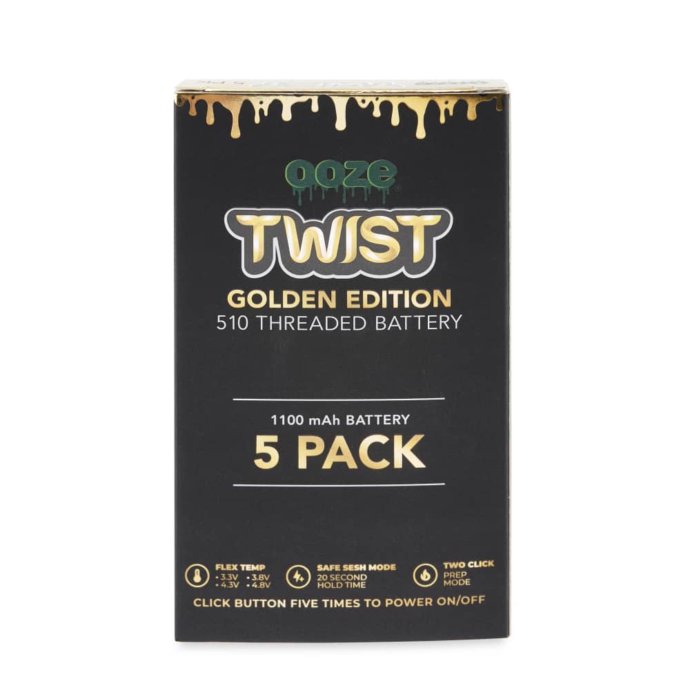 Front view of the 1100 Twist Battery - 5 Pack, displaying a gold and black logo over a dark background.