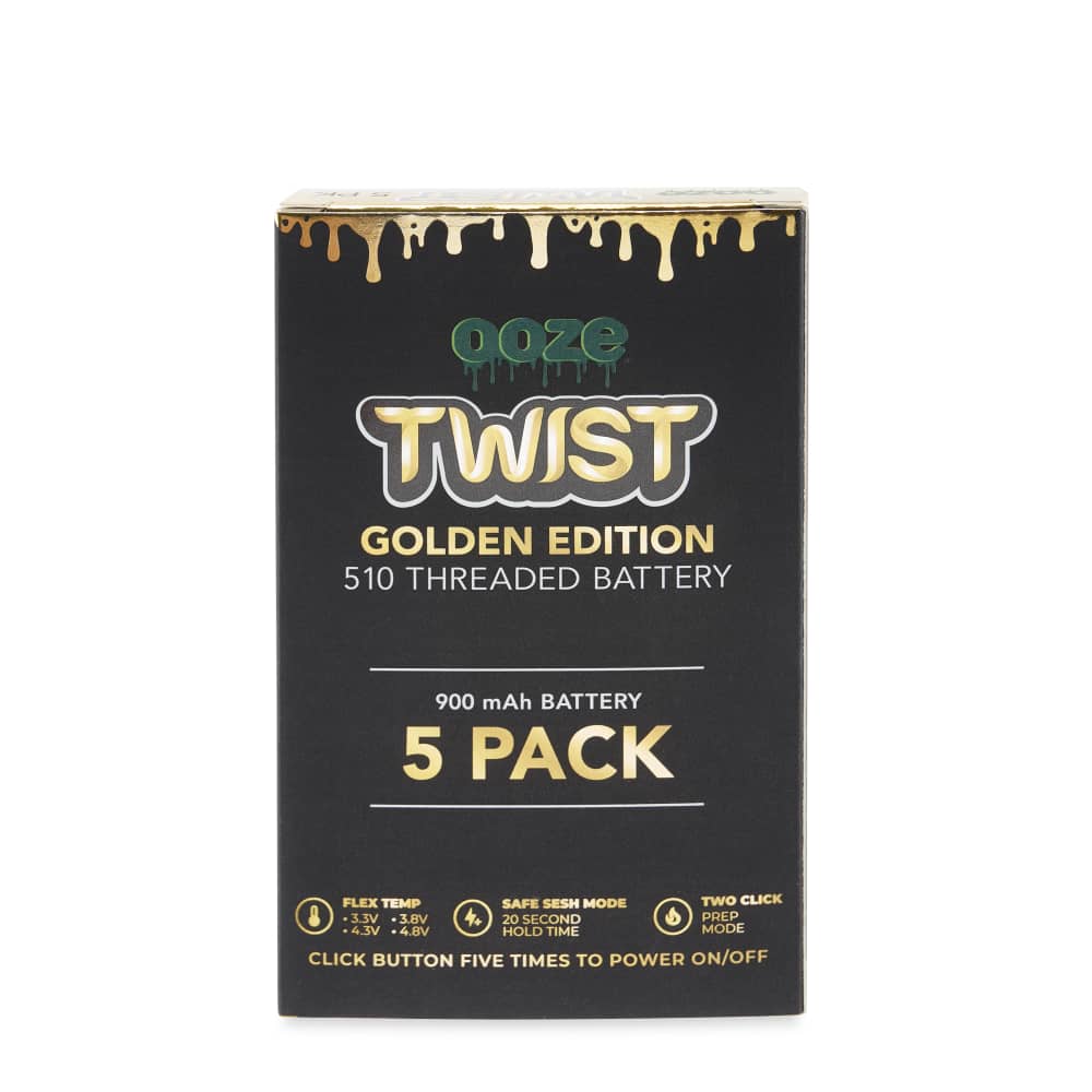 Front view of the 900 Twist Battery - 5 Pack, showing a black package with gold lettering and branding details.