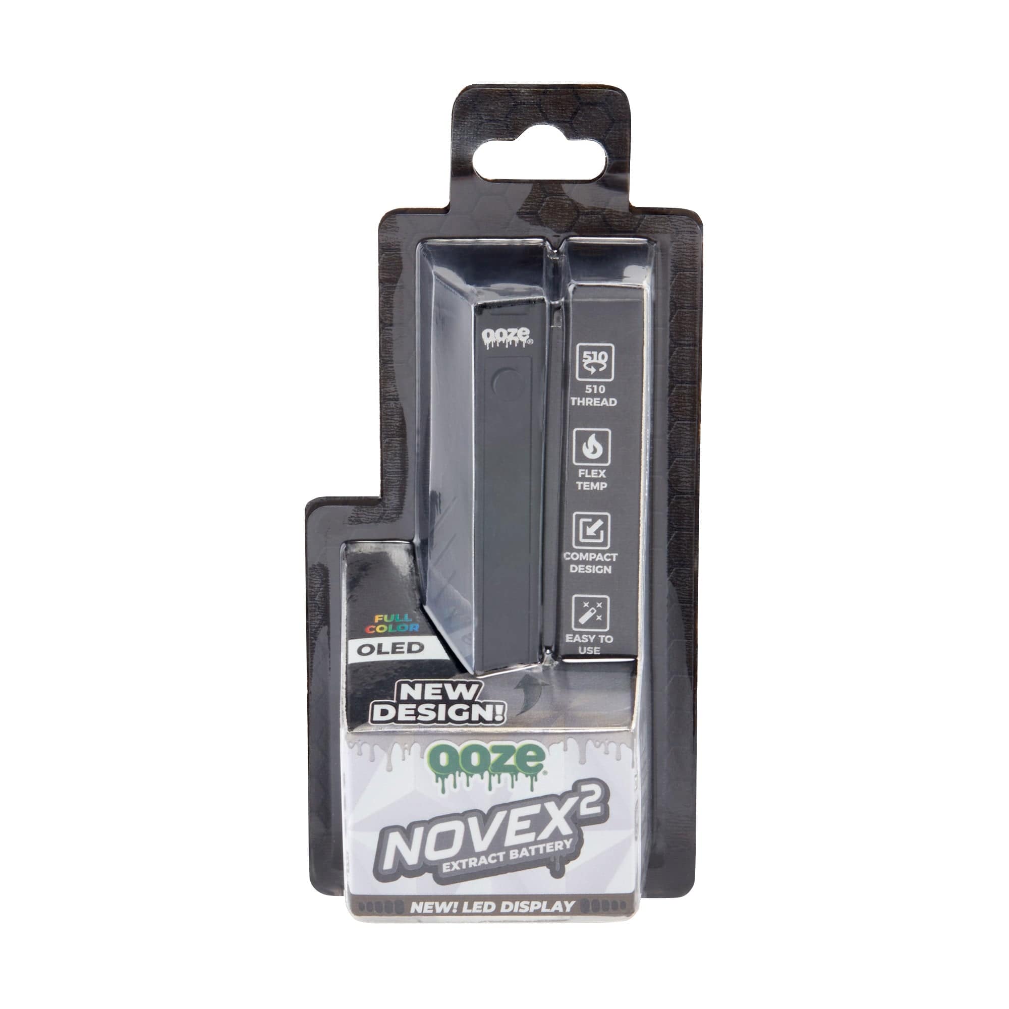 A close-up, angled shot of the Novex 2 - 400 mAh Vape Battery in its clear plastic packaging, displaying product details.