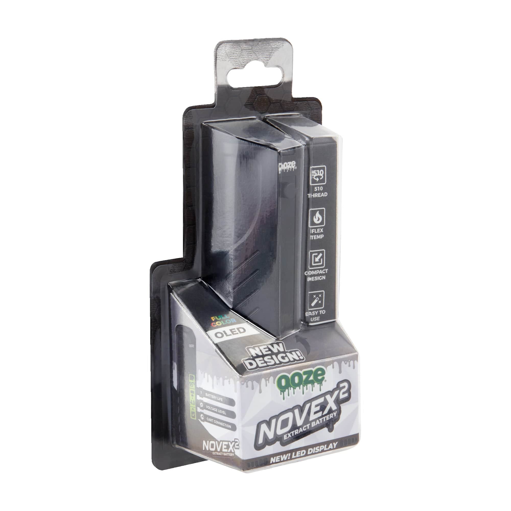 A close-up of the Novex 2 - 400 mAh Vape Battery, displaying text and graphics on a dark background.