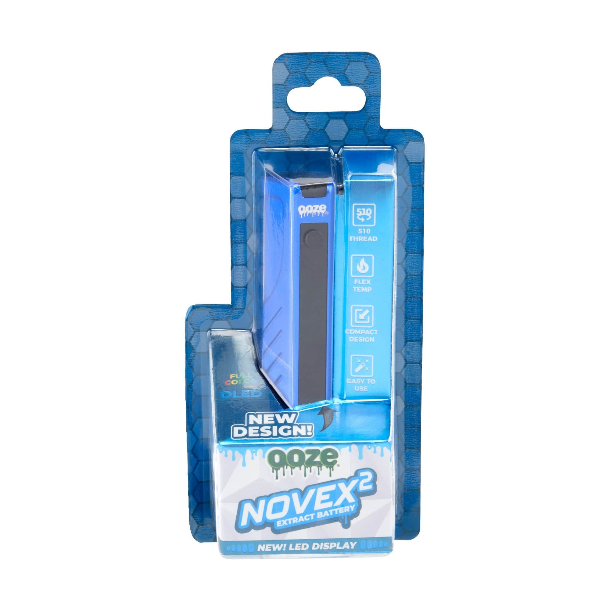 Front view of the Novex 2 - 400 mAh Vape Battery in clear packaging, highlighting its sleek, rectangular design.