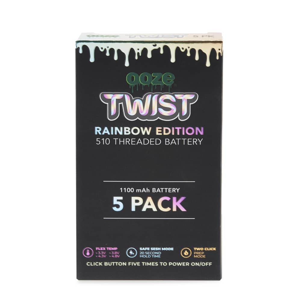 Front view of the 1100 Twist Battery - 5 Pack, showing a brightly colored box with a dripping effect and bold text.