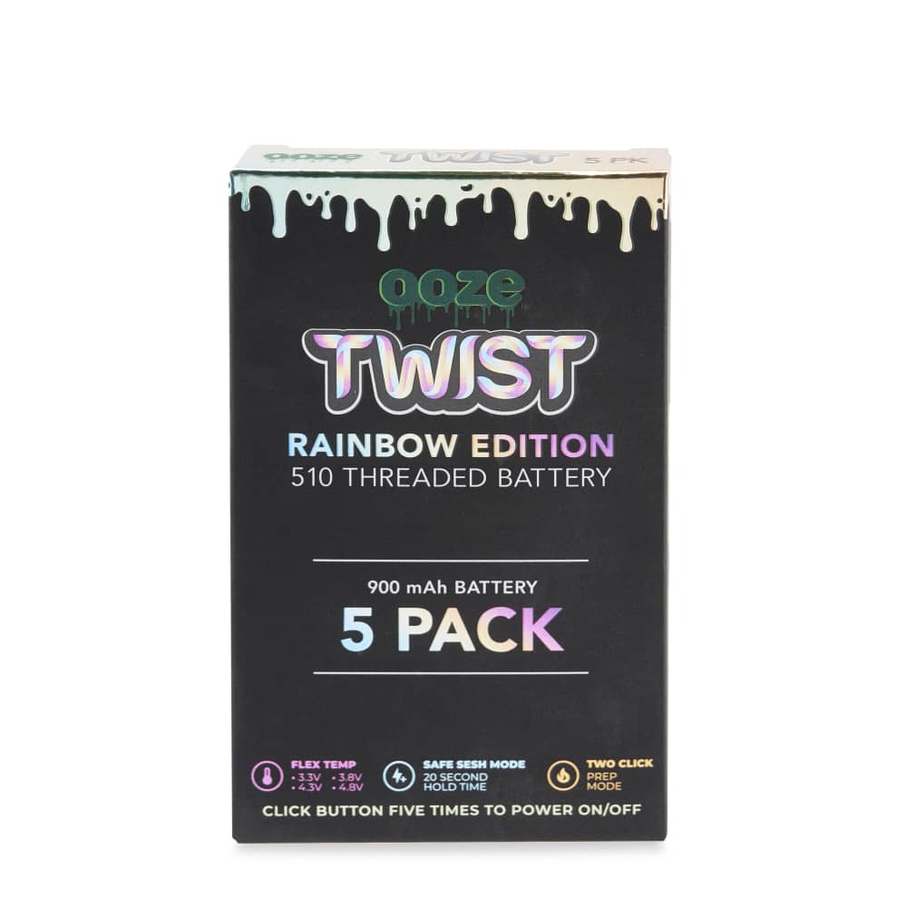 Front view of the 900 Twist Battery - 5 Pack with colorful text, resembling a dripping paint effect against a black background.