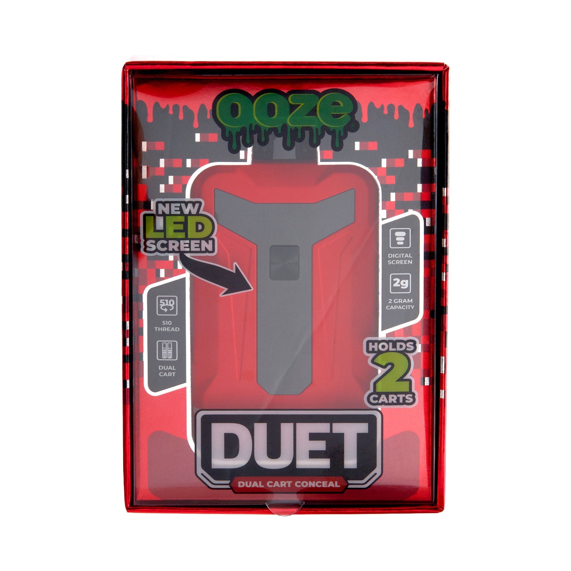 Front view of the Duet 650 mAh 510 Dual Conceal Cart Battery with digital screen on a black background.