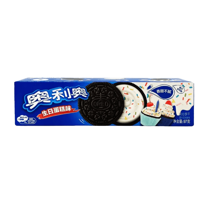 A brightly lit, angled shot of Oreo Cookies - Birthday Cake displayed in a clear plastic packaging.