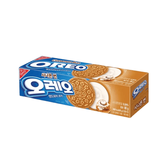 A close-up, angled shot of Oreo Cookies - Limited Edition Cinnamon Bun packaging with Korean text.
