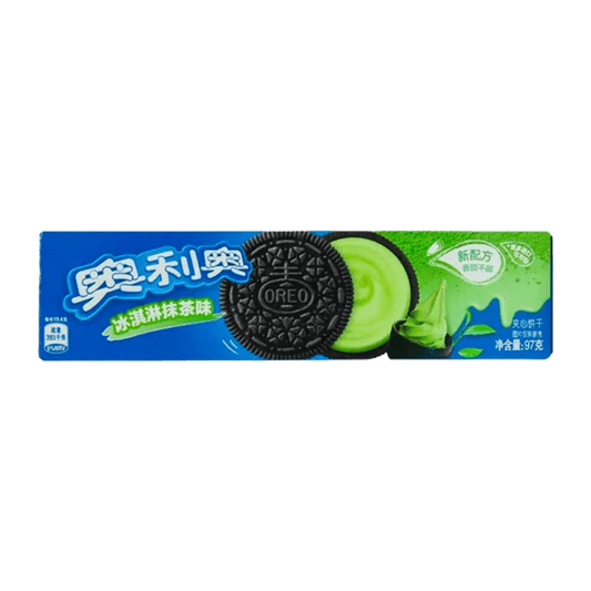 Close-up of Oreo Cookies - Matcha Ice Cream packaging with Japanese characters against a light blue background.