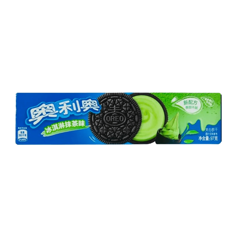 Close-up of Oreo Cookies - Matcha Ice Cream packaging with Japanese characters against a light blue background.