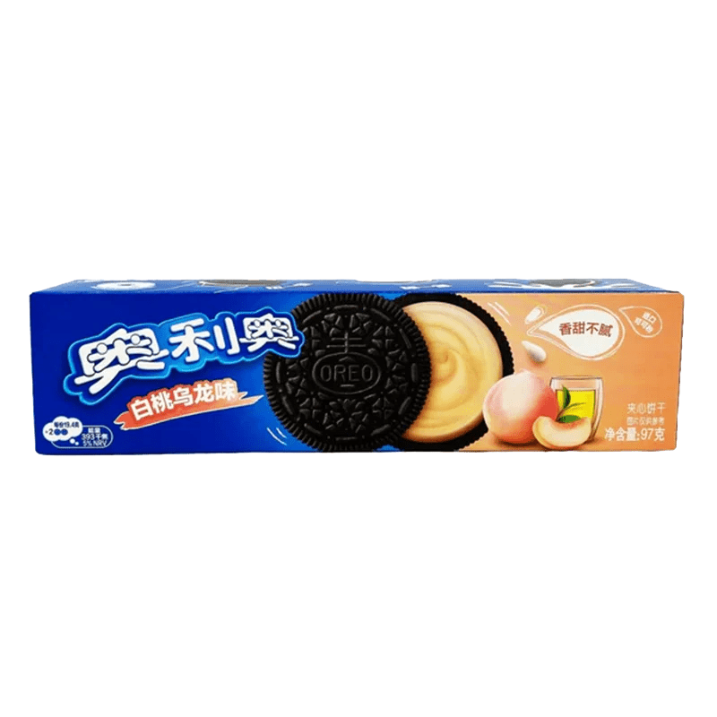 A slightly angled, close-up shot of Oreo Cookies - Peach Oolong packaging with vibrant colors and Chinese characters.