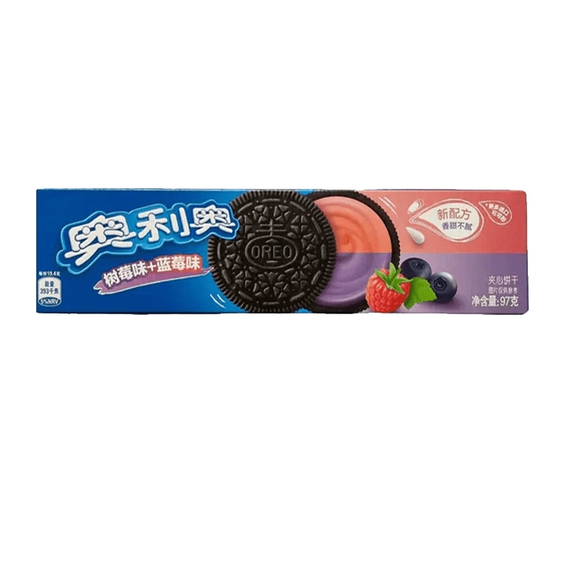 A close-up shot of Oreo Cookies - Raspberry Blueberry packaging with Chinese characters and fruit illustrations.