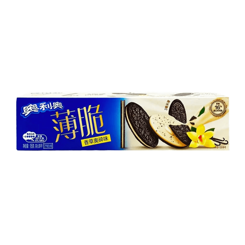 A close-up, angled view of Oreo Ultra-Thin Cookies – Vanilla, stacked and displayed with packaging details visible.