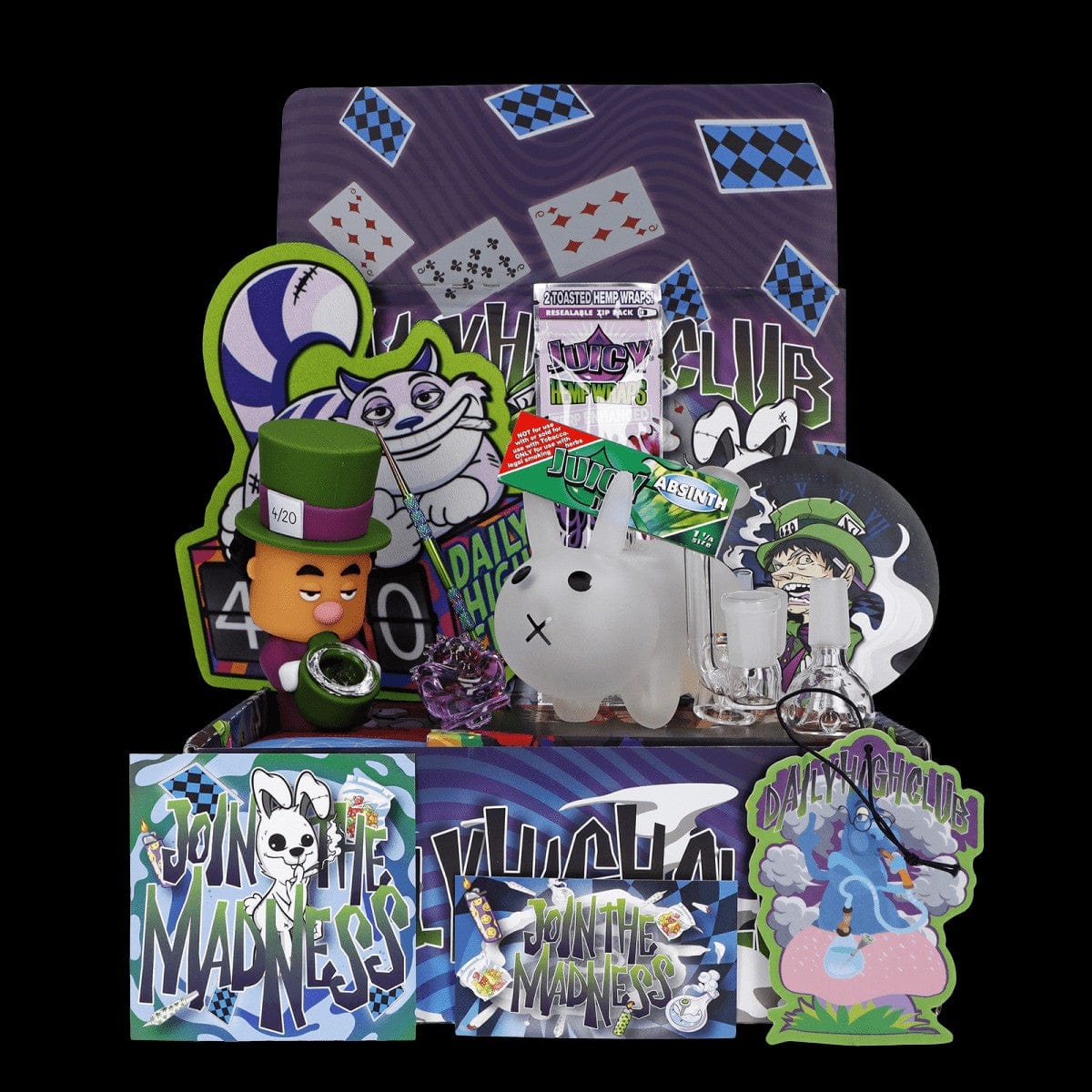 A high-angle view of the “420 Bunny” Smoking Box with colorful cartoon graphics and wrapping paper surrounding a collection of smoking accessories.