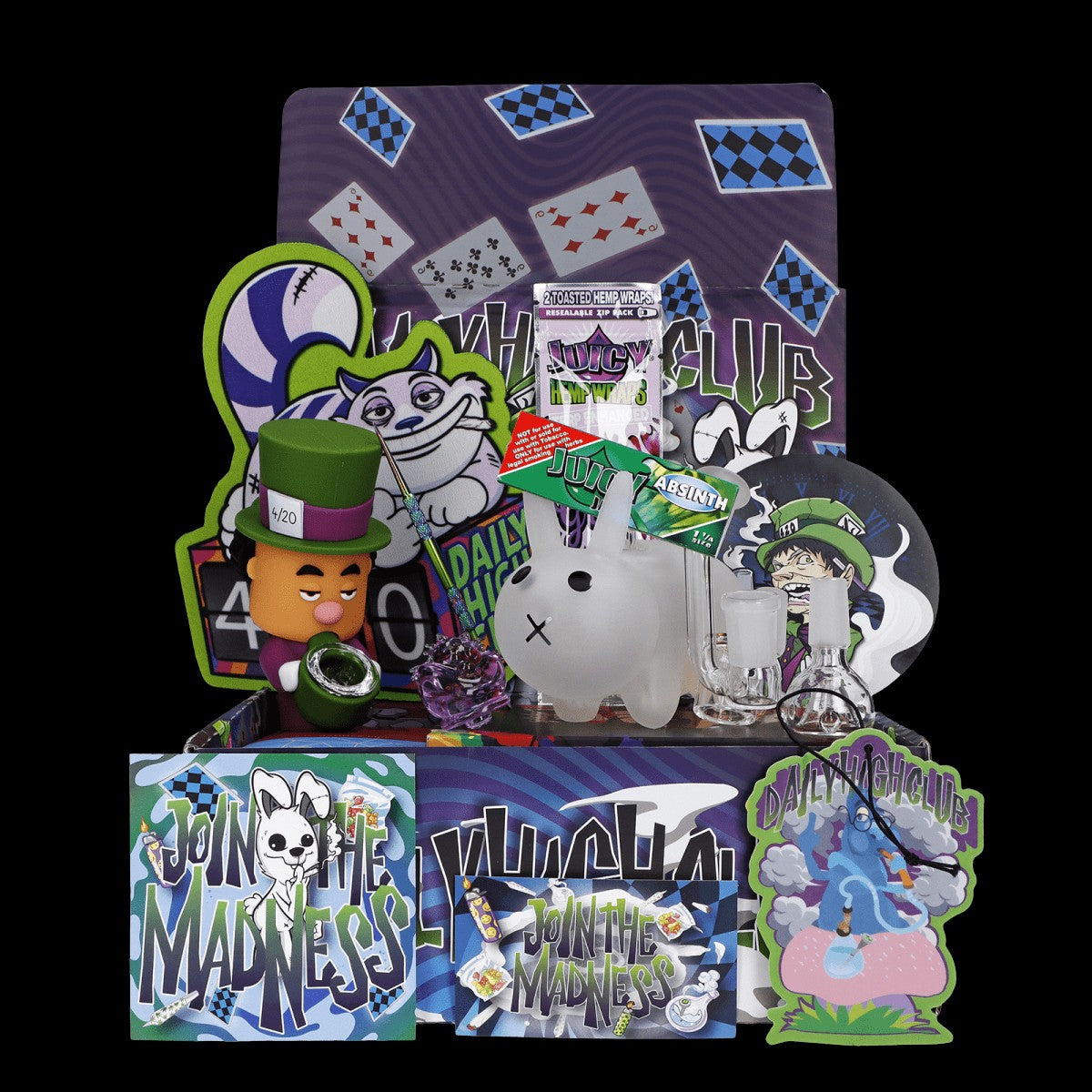 A high-angle view of the “420 Bunny” Smoking Box with colorful cartoon graphics and wrapping paper surrounding a collection of smoking accessories.