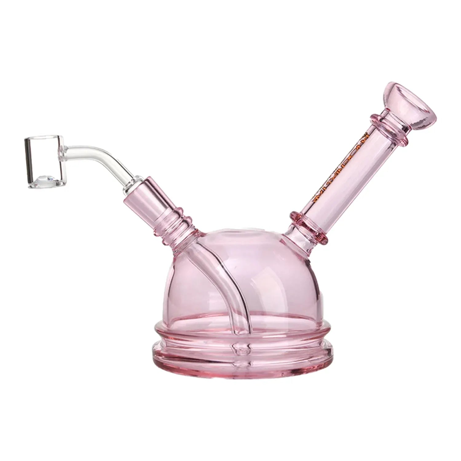 Close-up, three-quarter view of the Green Flower Phoenix Star 6 Inch Translucent Dome Dab Rig showing a pink translucent dome base with two angled necks and a clear quartz banger.