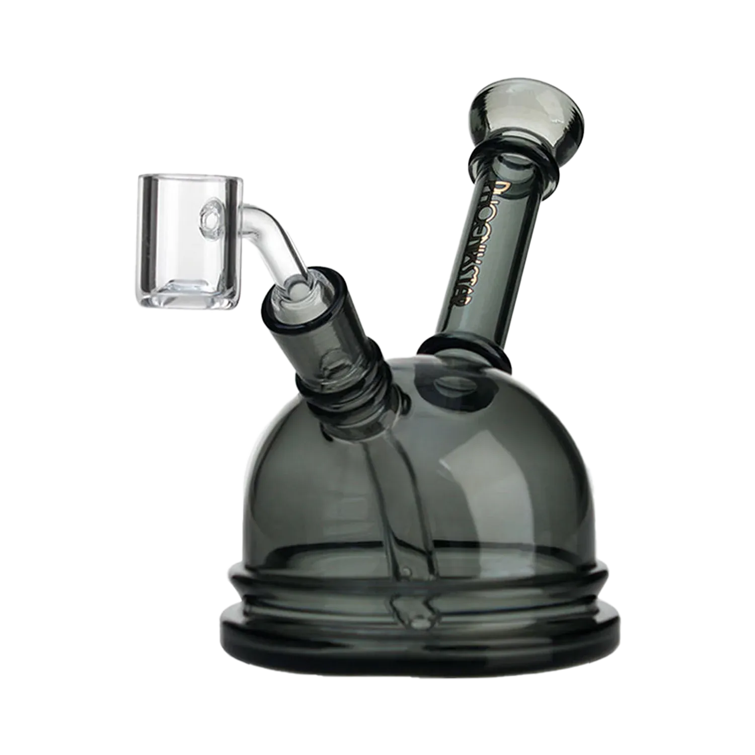 Close-up angled view of the smoke-colored Green Flower Phoenix Star 6 Inch Translucent Dome Dab Rig showing the dome, angled joint and clear quartz banger.