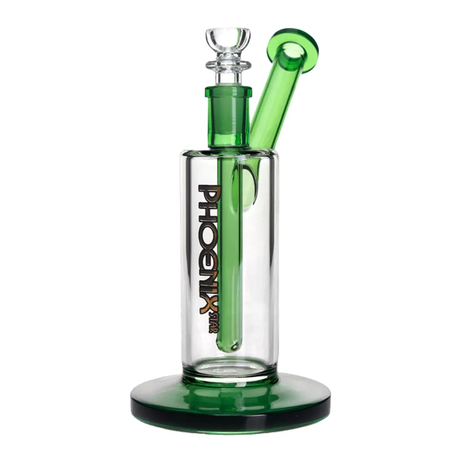 Close-up front view of the Green Flower Phoenix Star 7 Inch Bubbler Rig showing a clear cylindrical body with green downstem and angled mouthpiece.