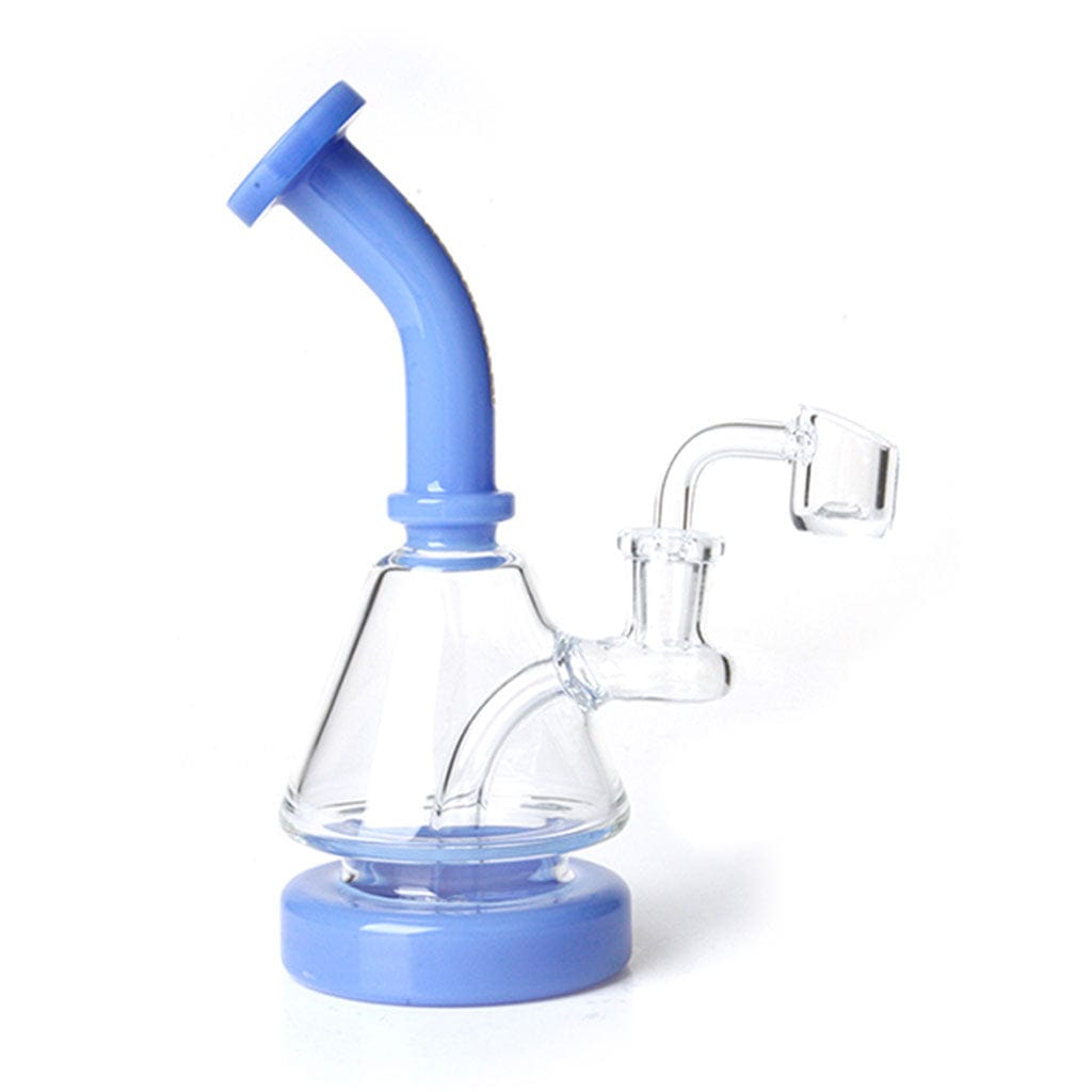 Front three-quarter view of the Green Flower Phoenix Star 7 Inches Dab Rig With 14Mm Quartz Banger showing a clear glass bell chamber and blue mouthpiece and base on a white background