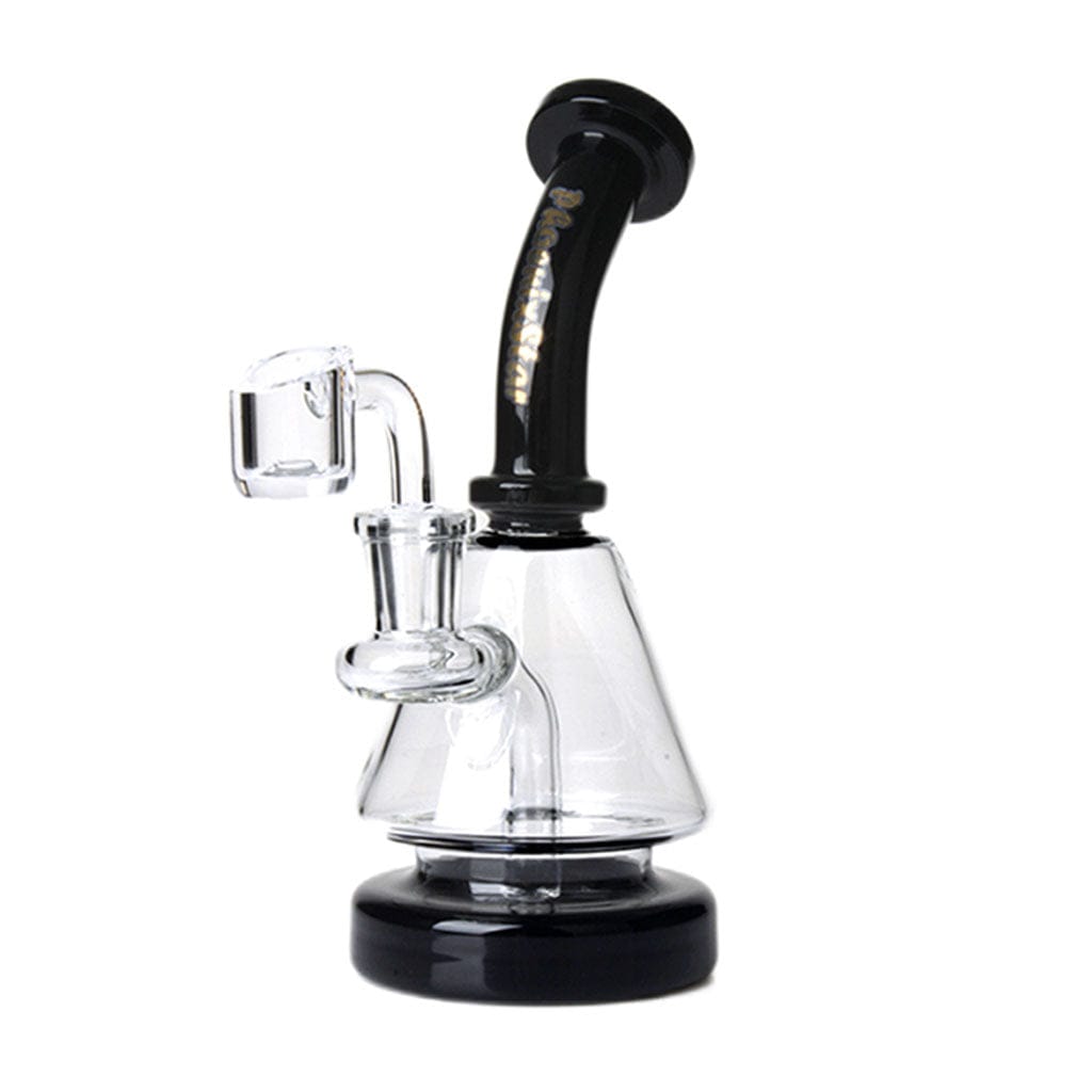 Front three-quarter view of the Green Flower Phoenix Star 7 Inches Dab Rig With 14Mm Quartz Banger showing its clear conical chamber and angled black neck against a white background