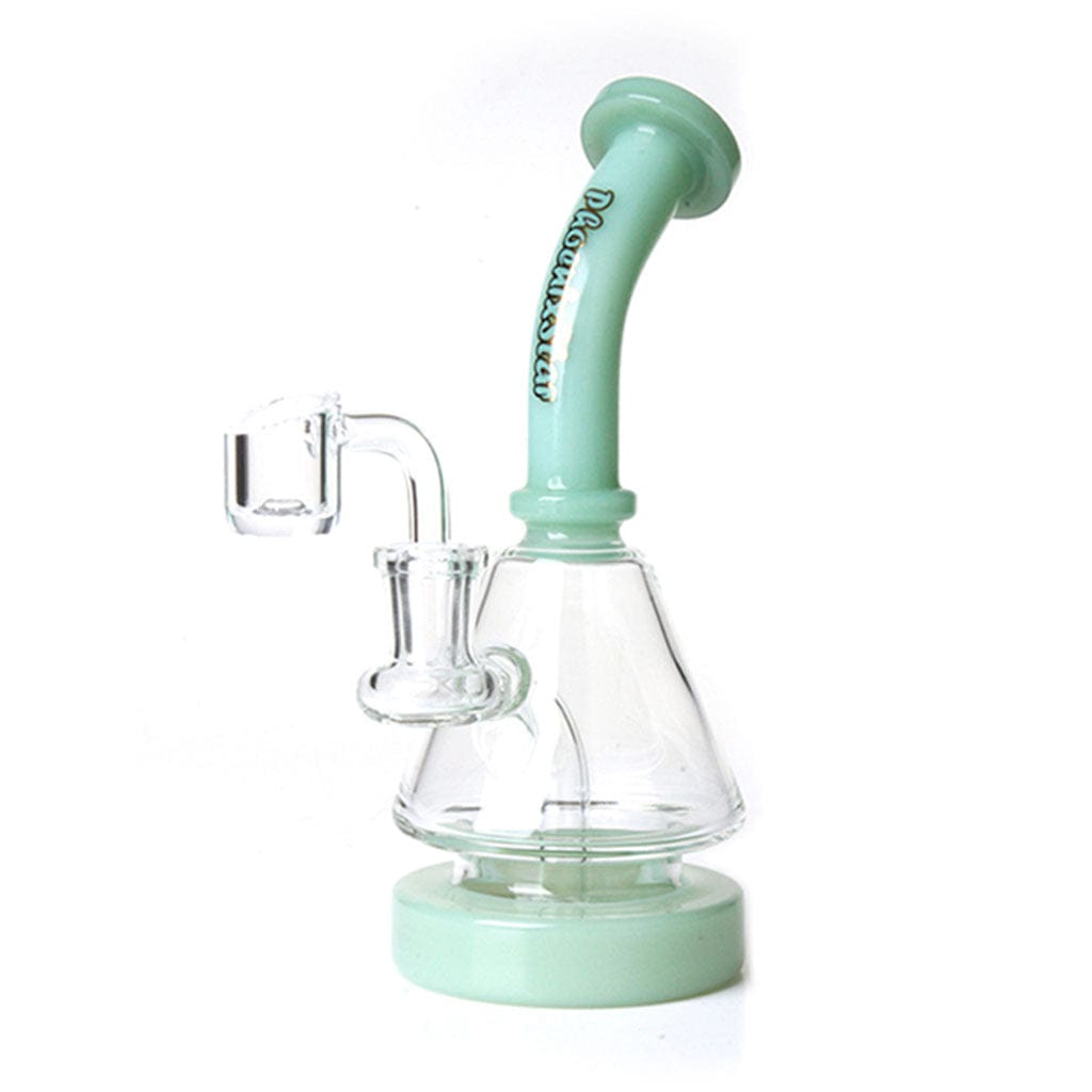 Diagonal studio shot of the Green Flower Phoenix Star 7 Inches Dab Rig With 14Mm Quartz Banger showing a mint green angled neck, clear conical body and matching round base.