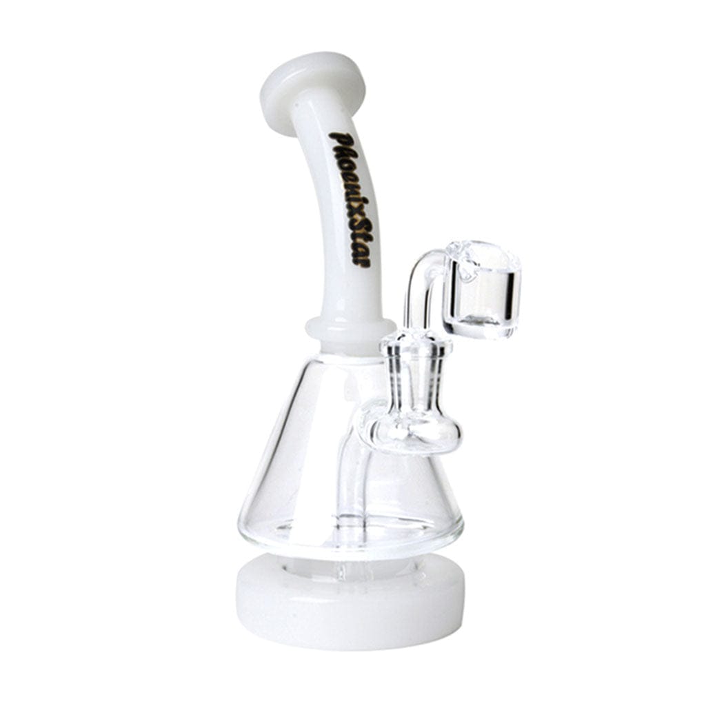 Angled front view of the Green Flower Phoenix Star 7 Inches Dab Rig With 14Mm Quartz Banger showing its white neck, clear cone body, and attached quartz banger.