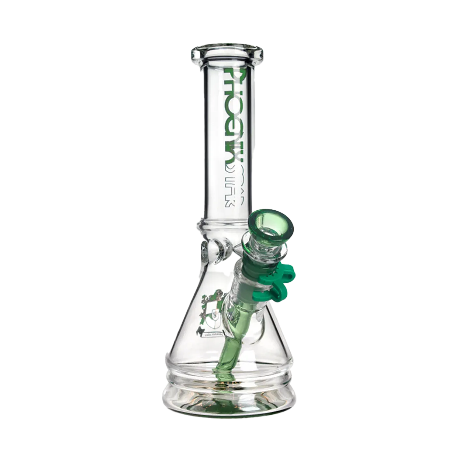 Front three-quarter view of the Green Flower Phoenix Star New Design Beaker Bong 10 Inches showing the clear glass beaker base and straight neck with green-accented downstem and bowl.