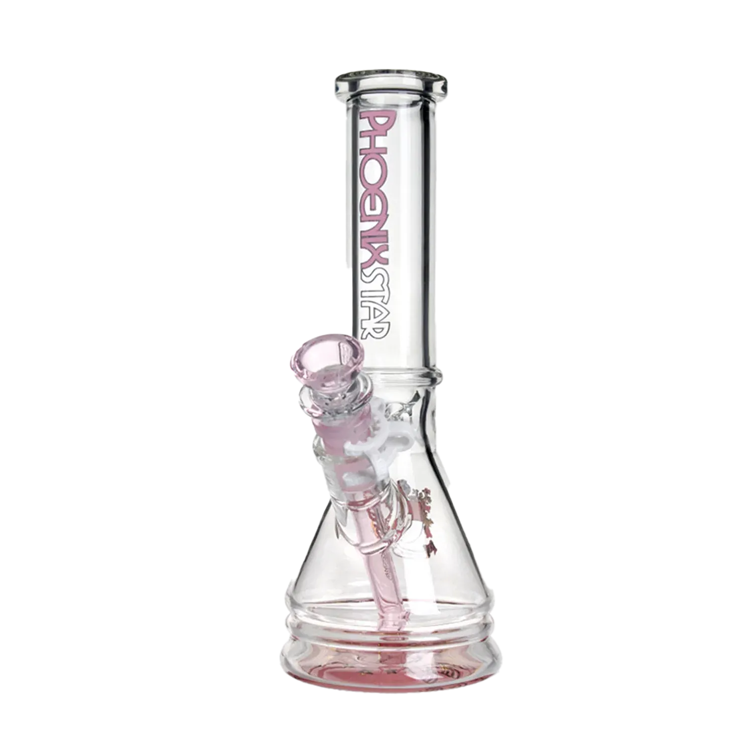 Straight-on view of the Green Flower Phoenix Star New Design Beaker Bong 10 Inches showing its clear glass tube with pink accents and angled downstem against a white background
