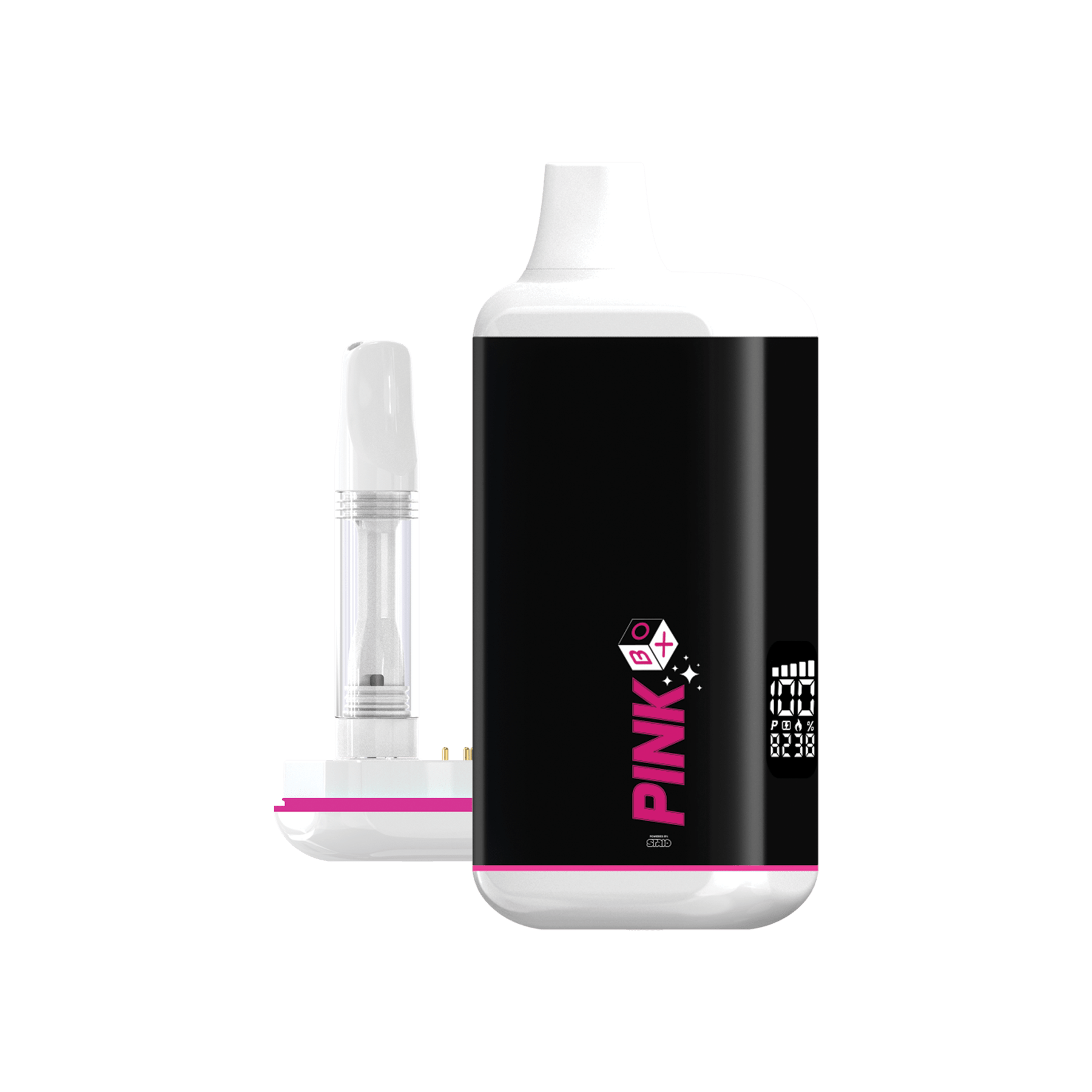 Close-up front view of the Pink Box - 510 Battery: Single Pack showing its glossy black body with white top and pink accents alongside a clear cartridge.