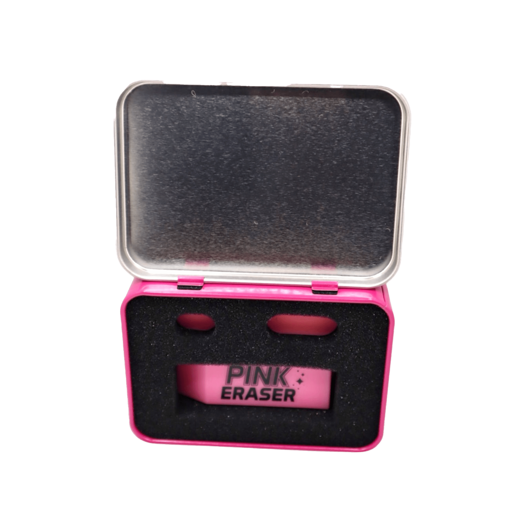 Top-down view of the open tin showing the Pink Eraser - Magnet Glass Cleaner: Single Pack's metallic lid and pink foam-lined interior.