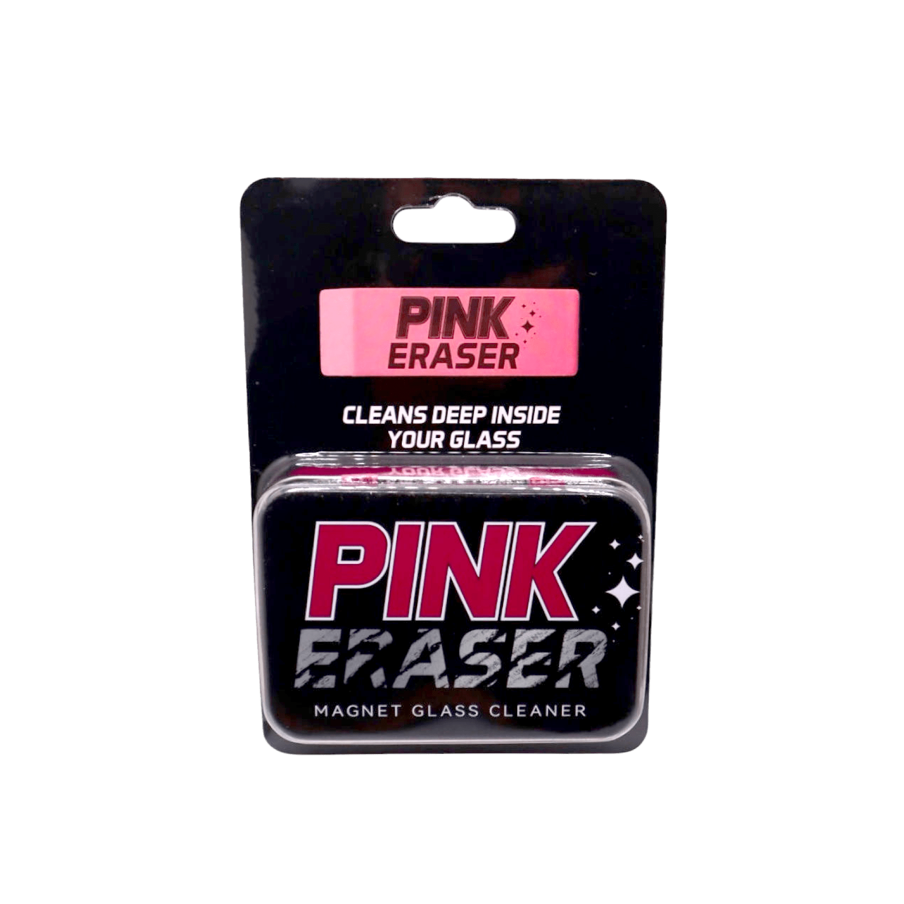 Top-front view of the Pink Eraser - Magnet Glass Cleaner: Single Pack blister card showing bold "PINK ERASER" text on black packaging.