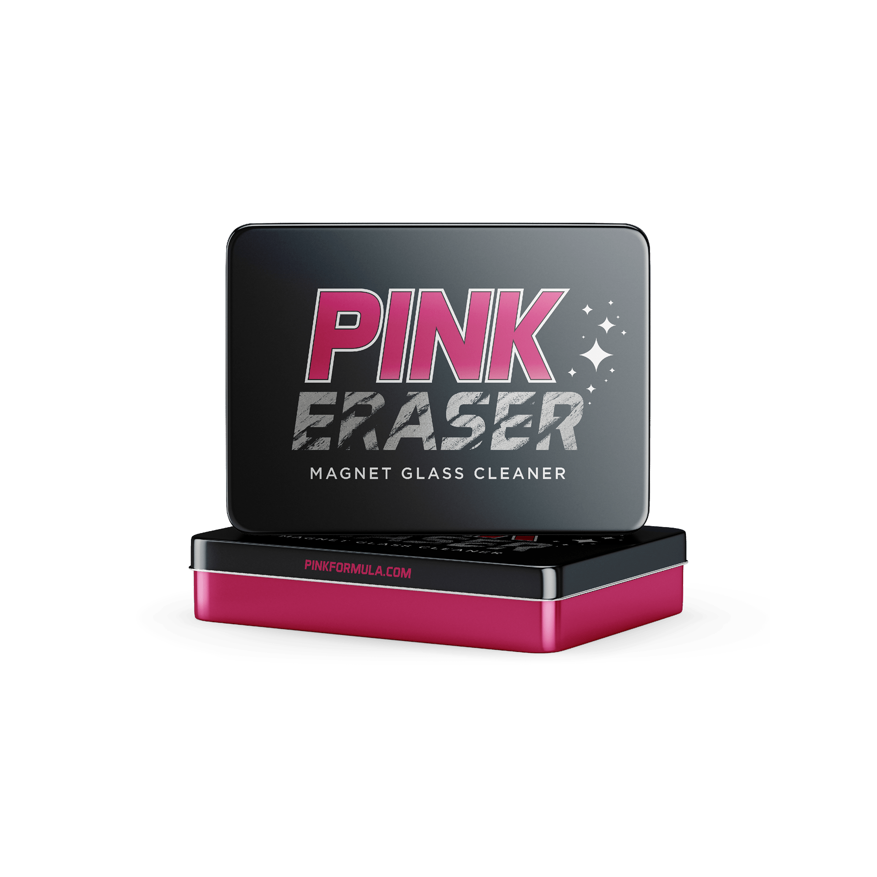 Close-up front view of the Pink Eraser - Magnet Glass Cleaner: Single Pack metal tin with bold pink "PINK" lettering and a stacked pink base.