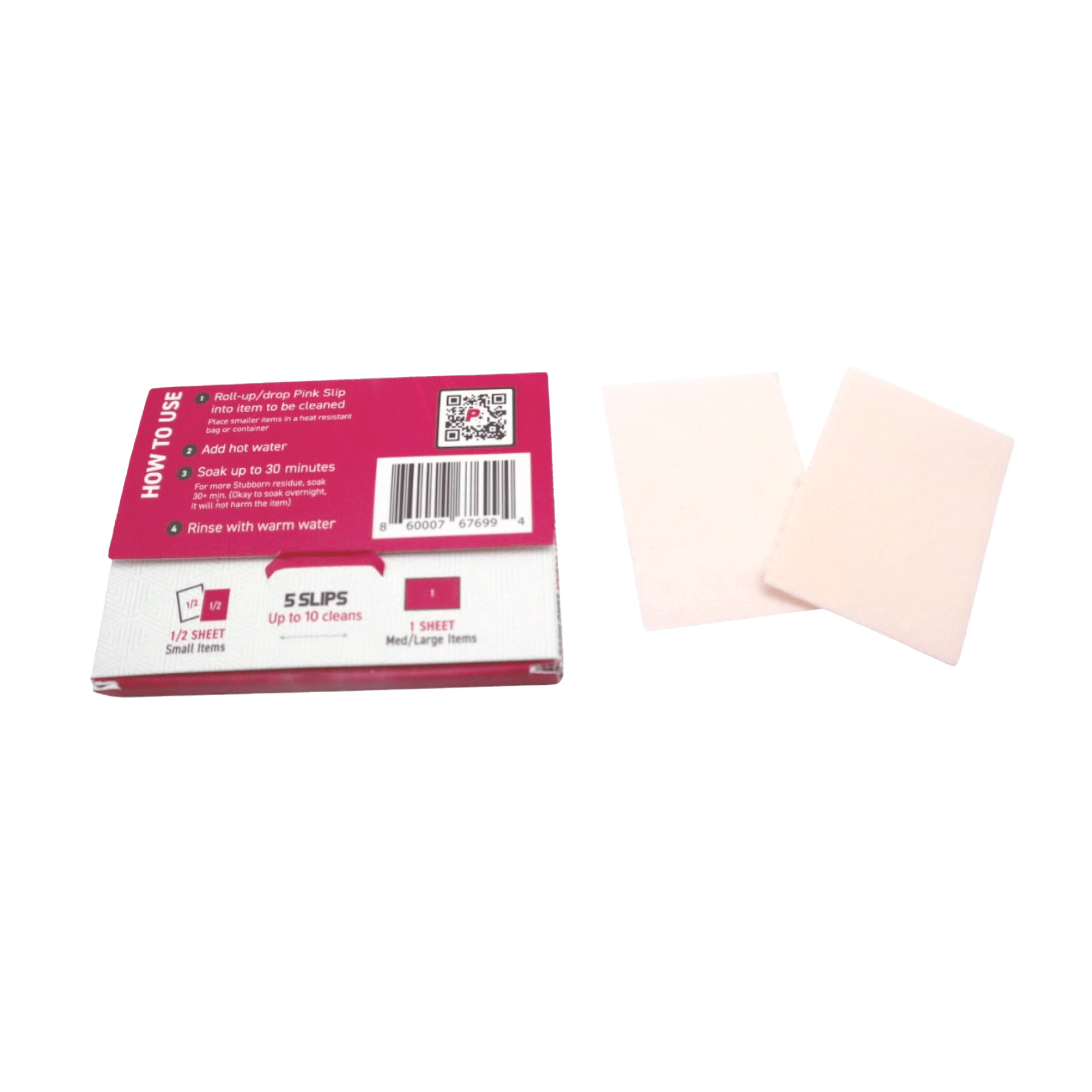 Angled top-down view of the Pink Slips - All Purpose Cleaner: Single Pack box flap and two pale pink cleaning slips on a white background