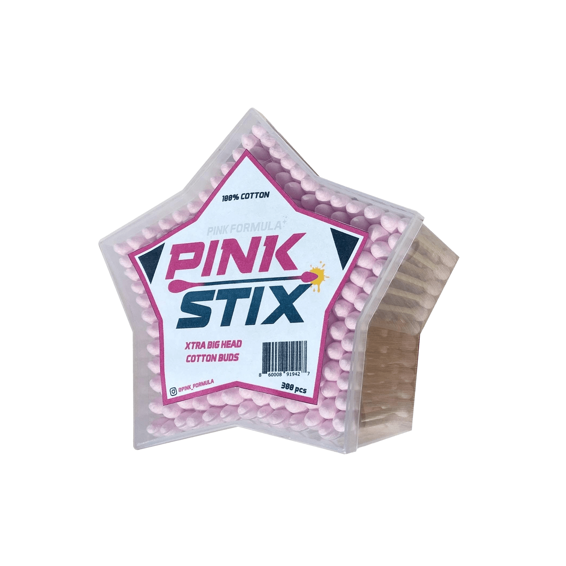 Top-down view of a star-shaped clear pack of Pink Stix - XL Cotton Heads: Single Pack showing rows of pink cotton buds and the central pink-and-white label.