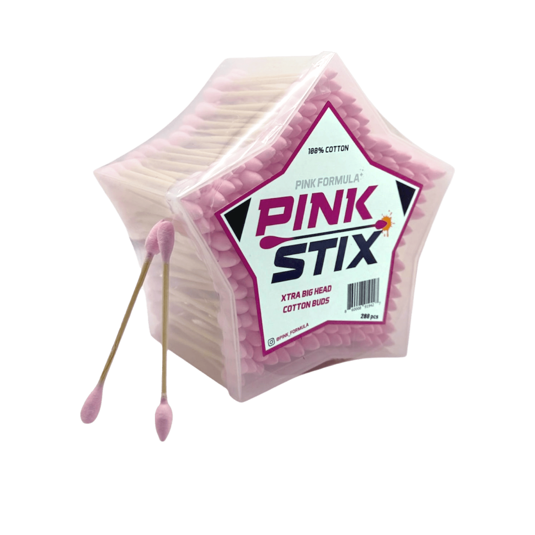 Angled close-up of a star-shaped pack of Pink Stix - XL Cotton Heads: Single Pack showing rows of pink cotton-tipped swabs and two loose swabs in front